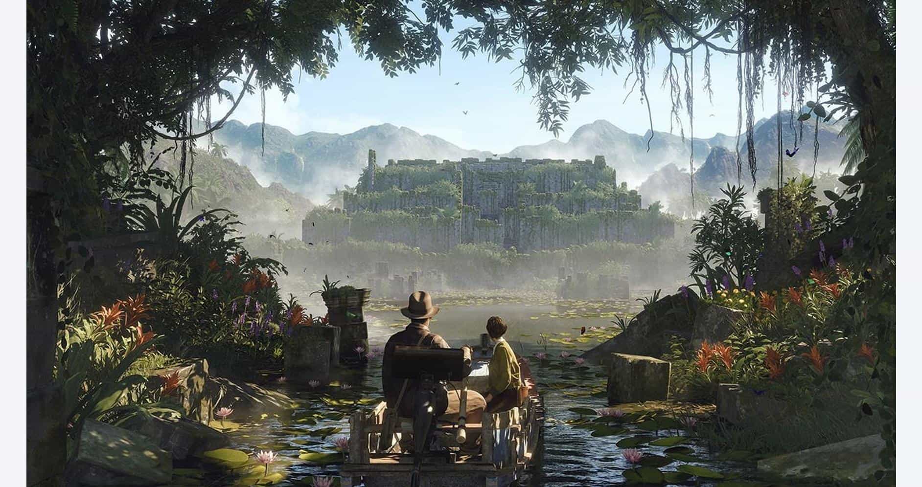 Jungle scene with explorers approaching an ancient temple in lush rainforest.