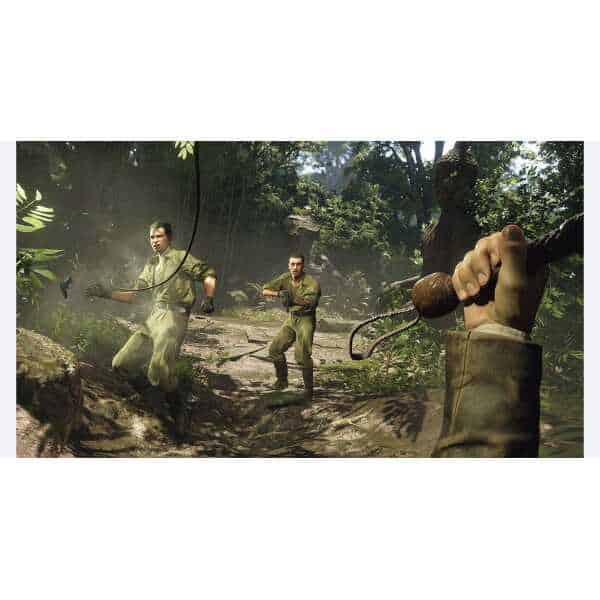 Indiana Jones characters exploring a dense jungle for hidden artifacts.