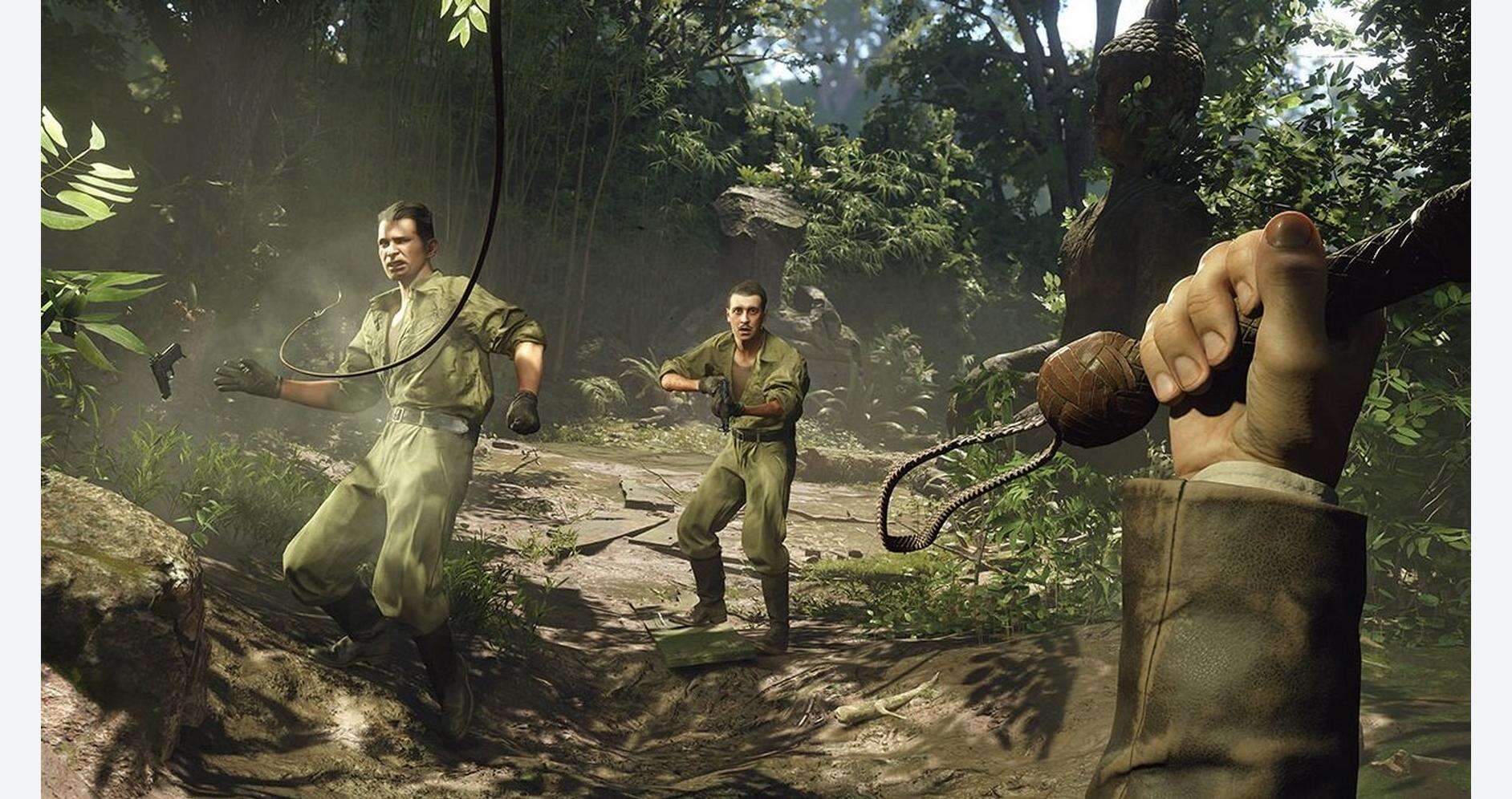 Indiana Jones characters exploring a dense jungle for hidden artifacts.