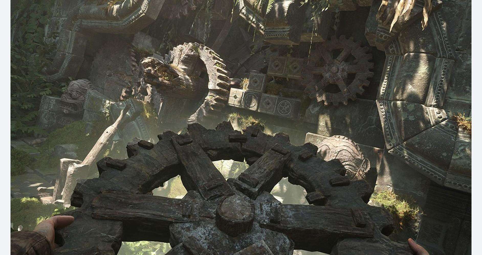Large ancient gear mechanism in jungle ruins, part of Indiana Jones adventure scene.