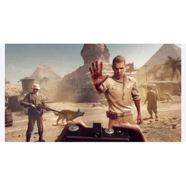 Indiana Jones and The Great Circle gameware scene with explorers and desert landscape.