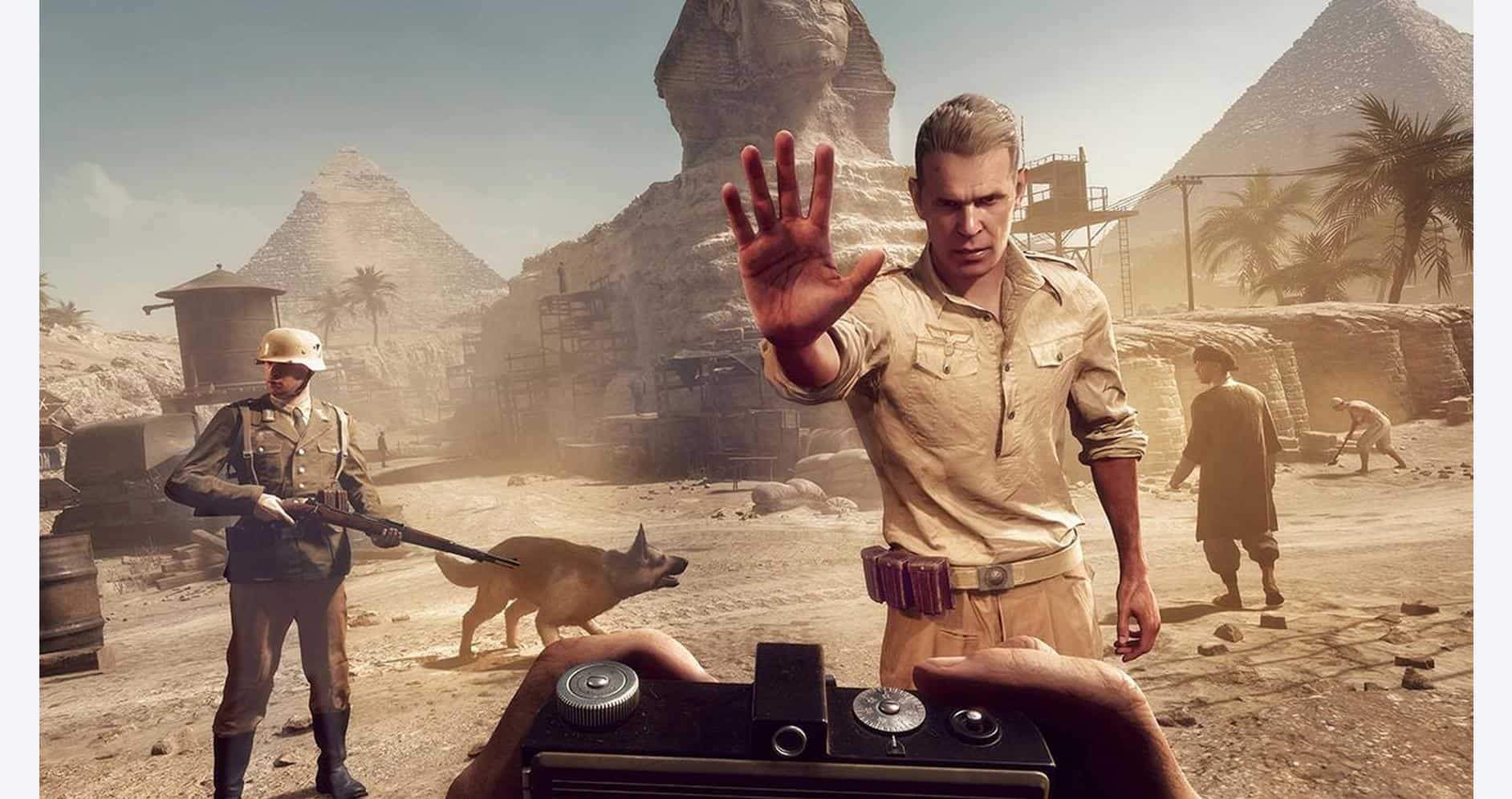 Indiana Jones and The Great Circle gameware scene with explorers and desert landscape.