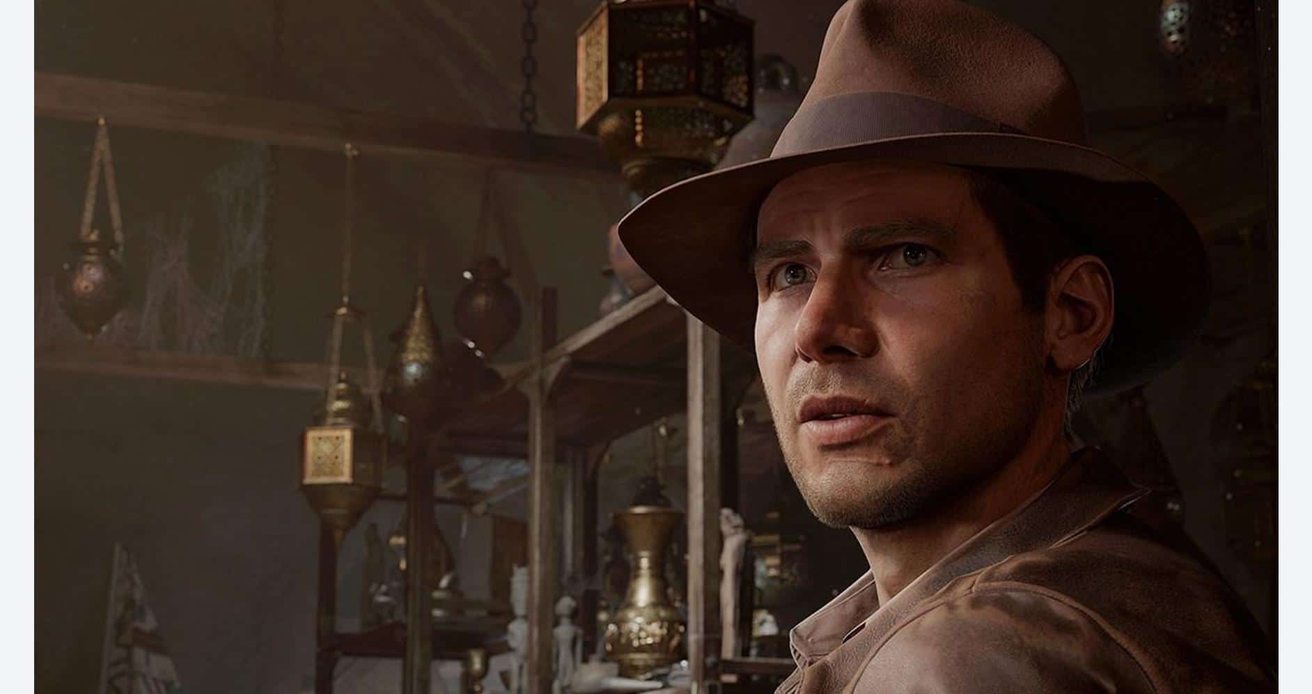 Indiana Jones in a vintage setting with artifacts and lanterns.