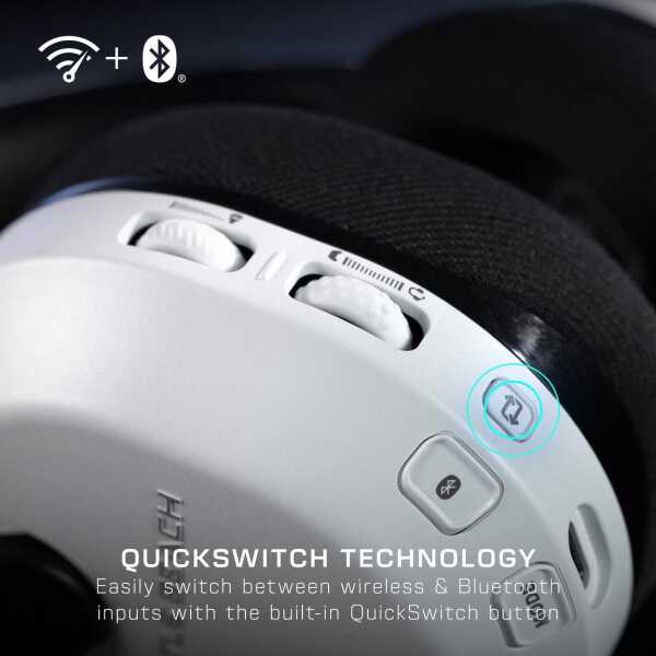 Wireless gaming headset with Bluetooth and QuickSwitch button for easy device switching.