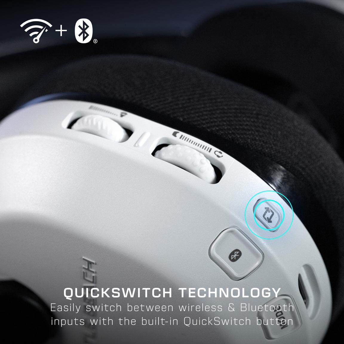 Wireless gaming headset with Bluetooth and QuickSwitch button for easy device switching.