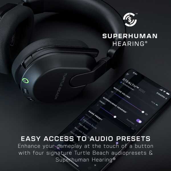 Superhuman Hearing gaming headset with audio presets and Turtle Beach app control.