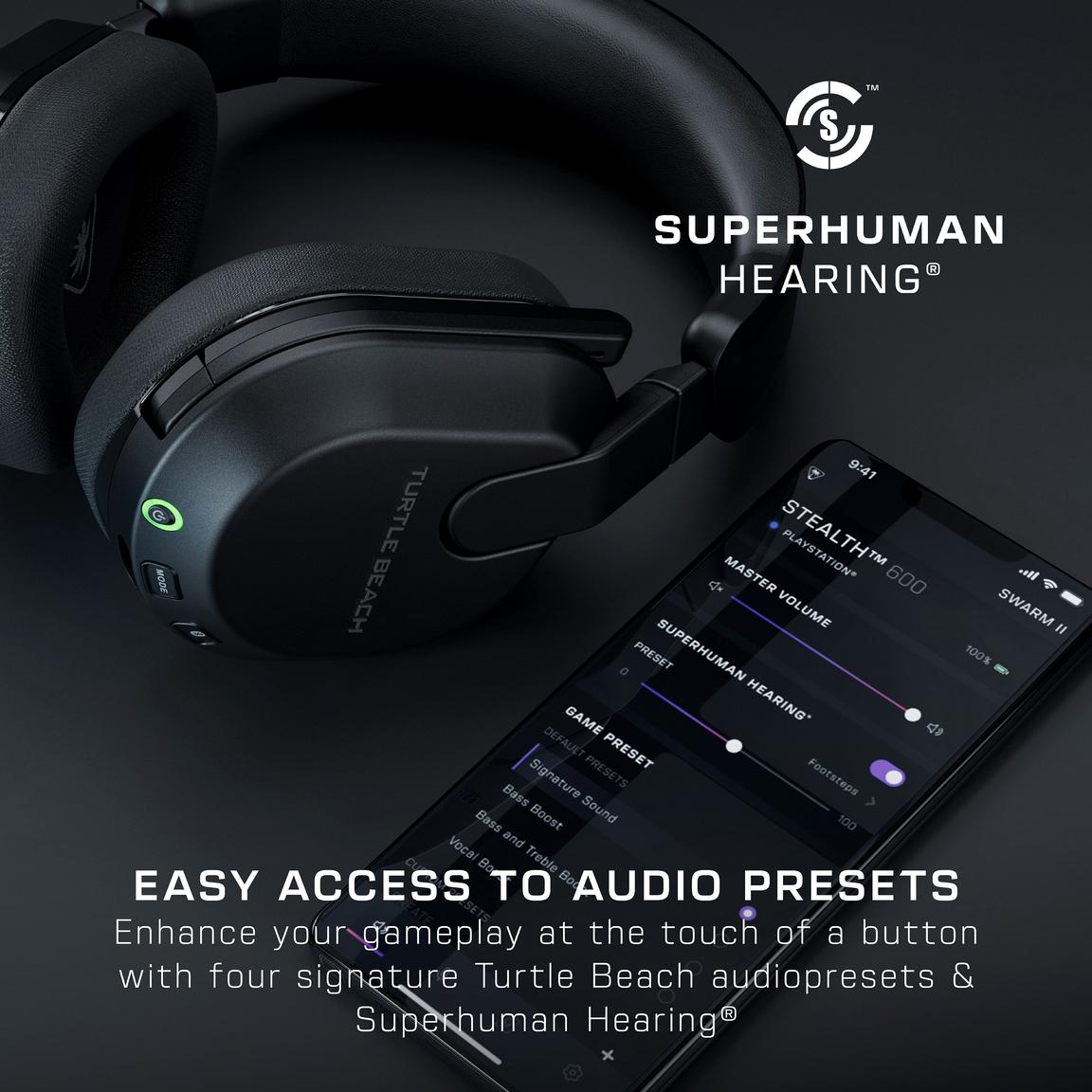 Superhuman Hearing gaming headset with audio presets and Turtle Beach app control.