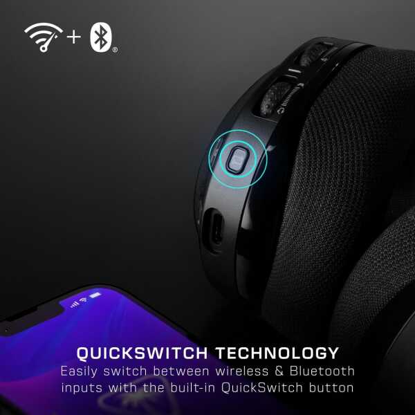 Wireless Bluetooth gaming headset with QuickSwitch button for easy device switching.