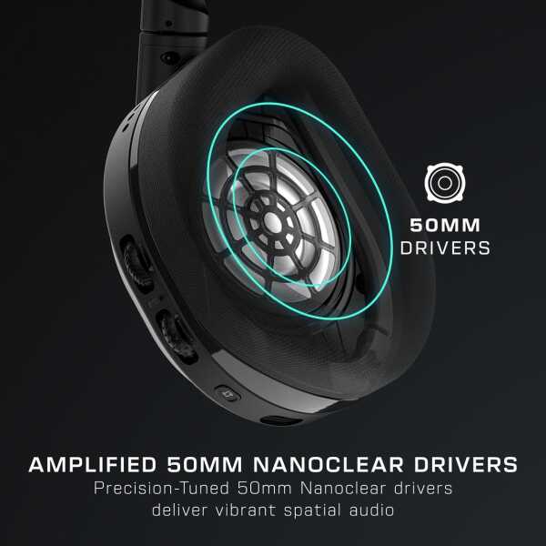 Premium gaming headset featuring 50mm drivers for immersive sound experience.