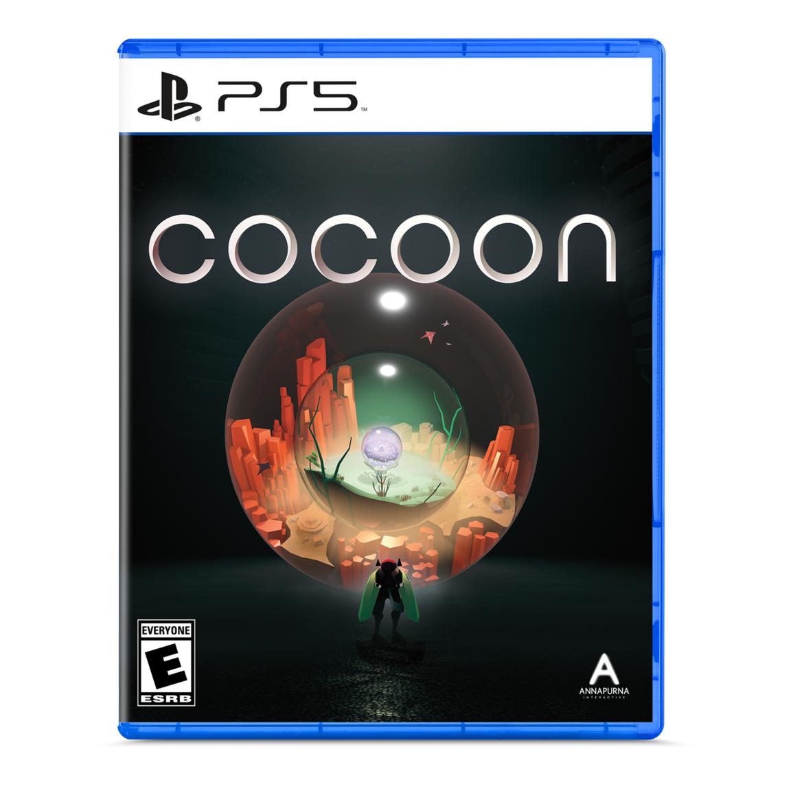 PS5 game cover for Cocoon featuring a mysterious floating sphere and futuristic landscape.