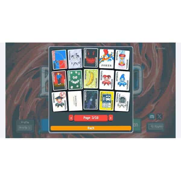 Digital card game featuring a variety of themed playing cards, including joker, skull, and animal de.