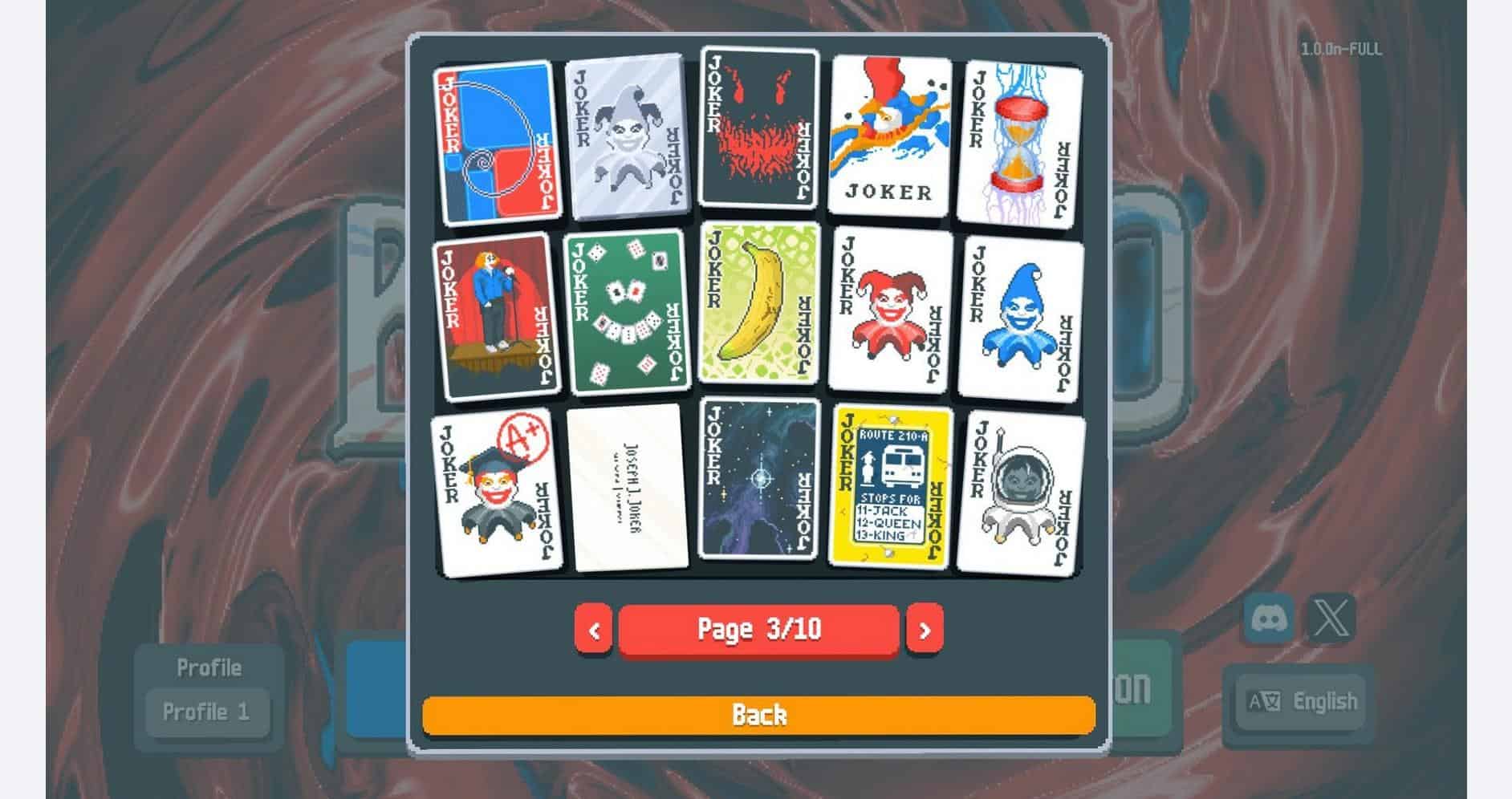 Digital card game featuring a variety of themed playing cards, including joker, skull, and animal de.