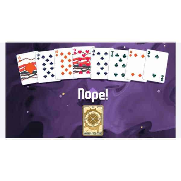 Digital card game screen showing a "Nope!" message and a deck of cards.