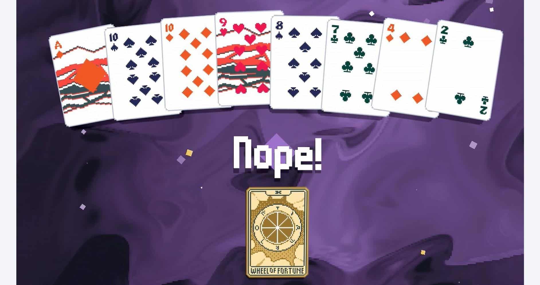 Digital card game screen showing a "Nope!" message and a deck of cards.
