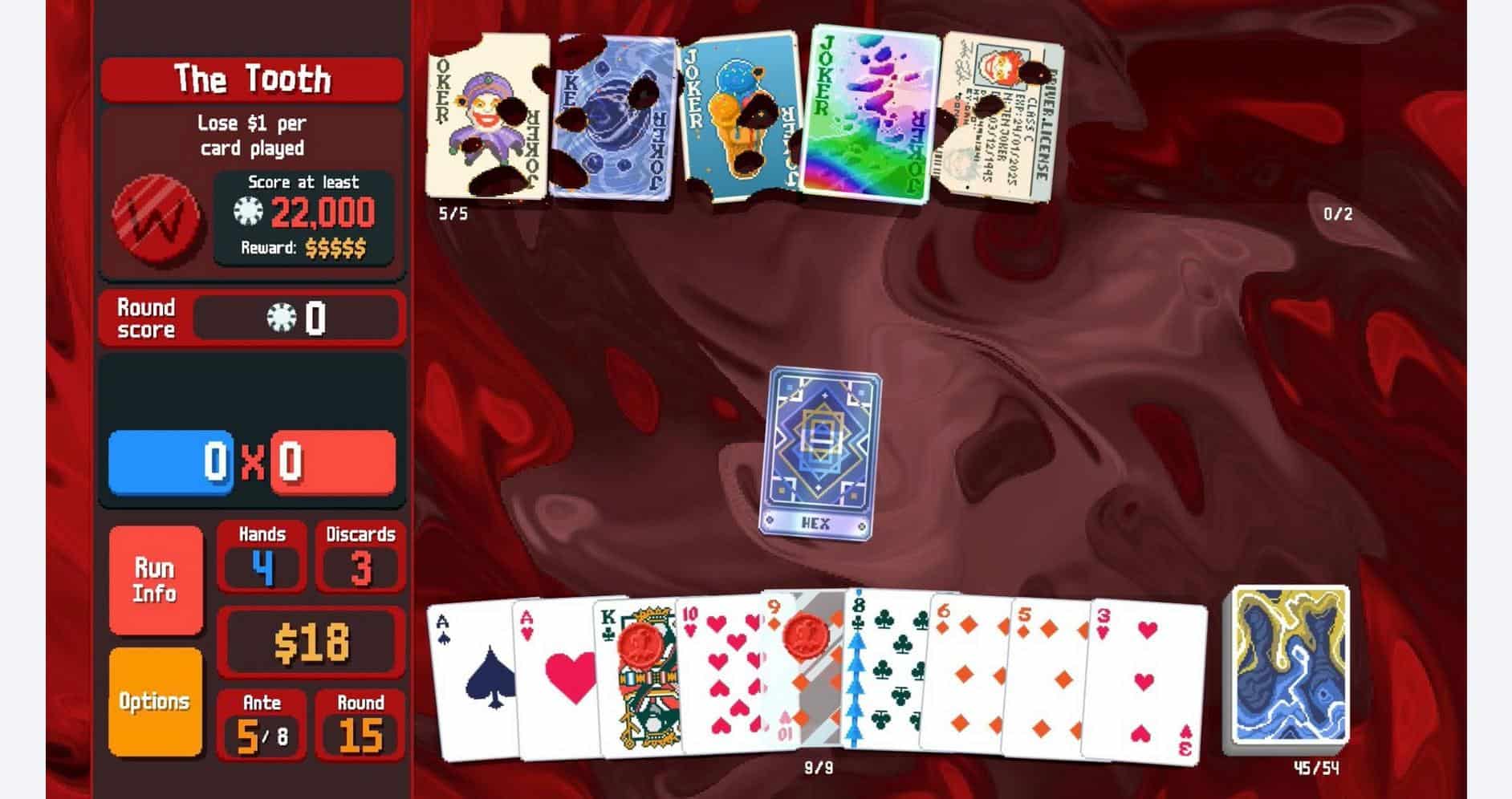 Digital card game interface with colorful cards and game stats.