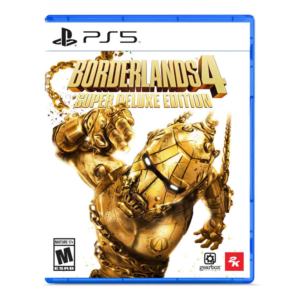 Borderlands 4 Super Deluxe Edition PS5 game cover featuring a gold robot character.