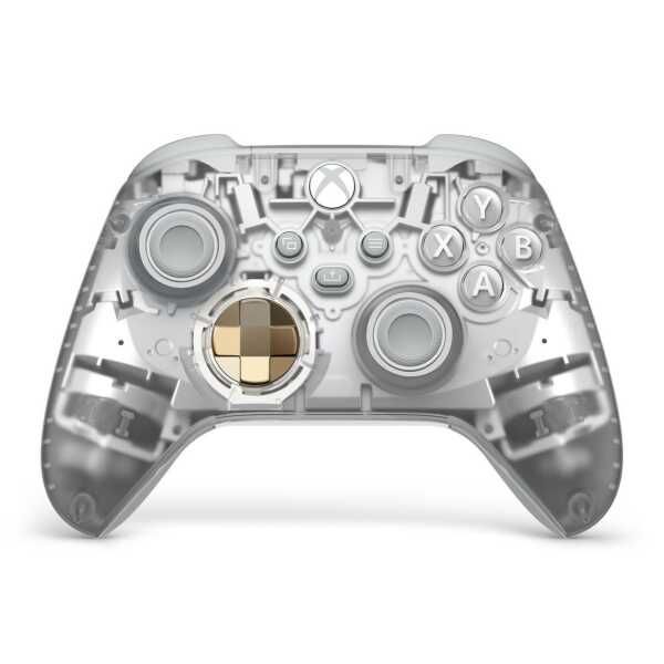 Transparent Xbox Series X controller with gold D-pad and visible internal components.