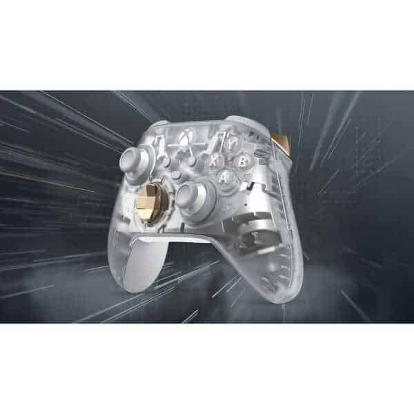 Transparent Xbox Series X wireless controller with gold accents.