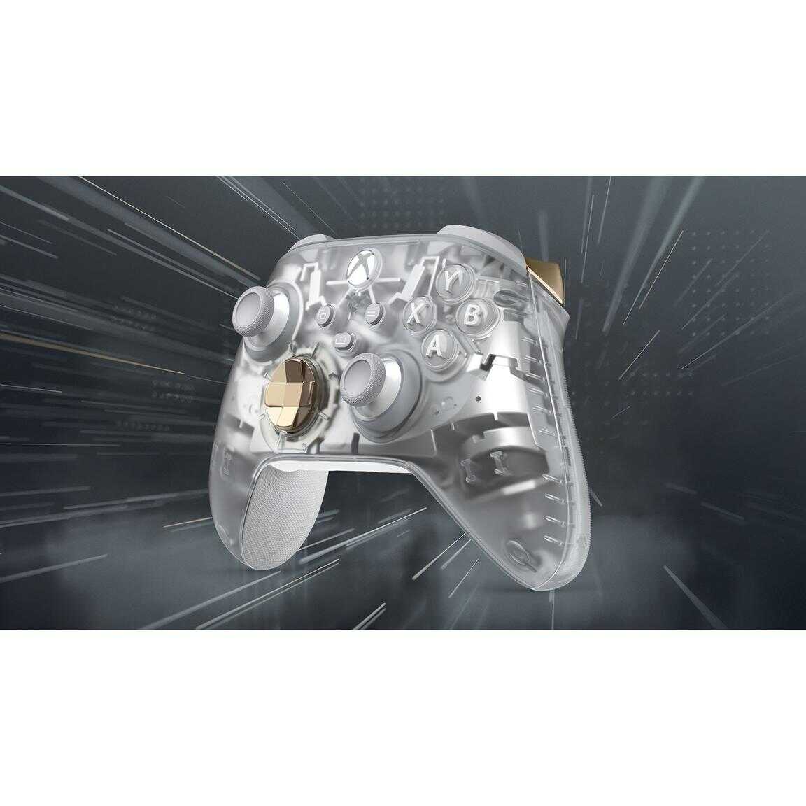 Transparent Xbox Series X wireless controller with gold accents.