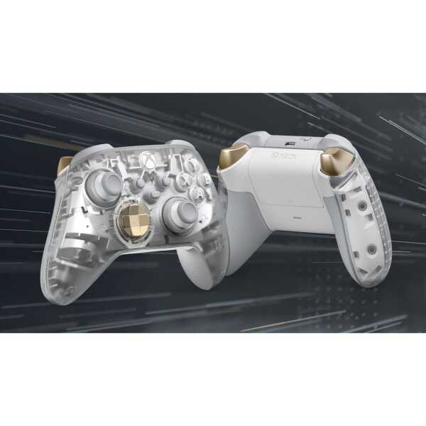 Xbox Series X wireless controller with transparent shell and gold accents.