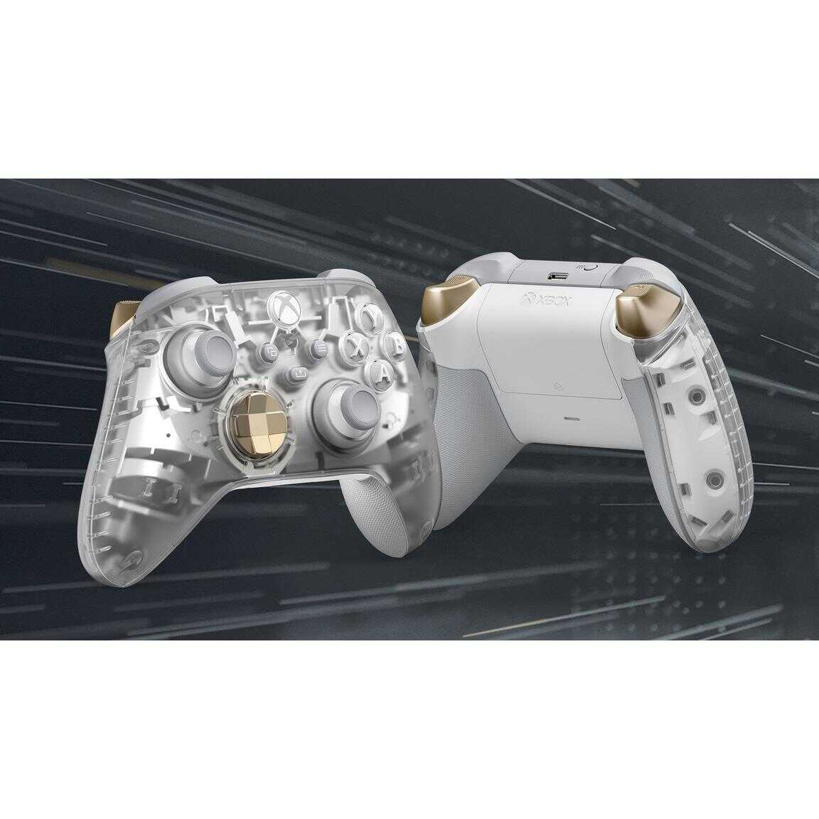Xbox Series X wireless controller with transparent shell and gold accents.