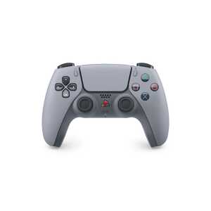 Modern gray PlayStation 5 controller with dual analog sticks and colorful buttons.