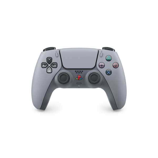 Modern gray PlayStation 5 controller with dual analog sticks and colorful buttons.