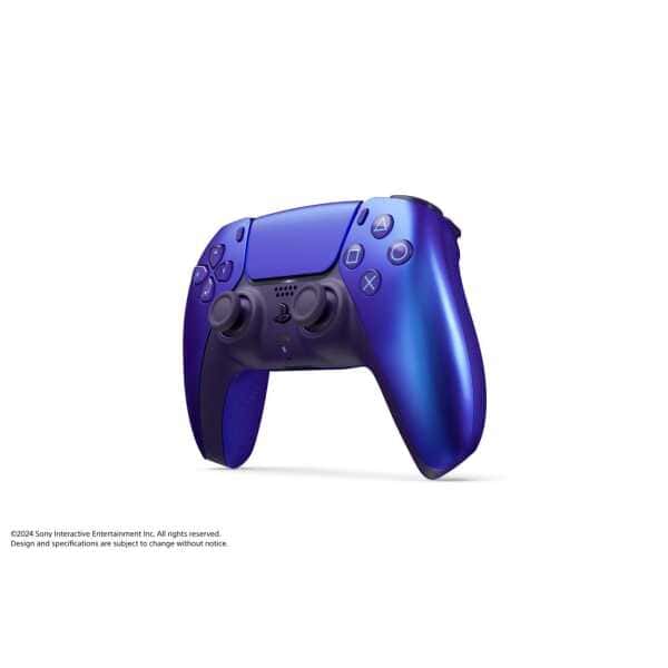 Blue PlayStation 5 controller for gaming, wireless, ergonomic design.