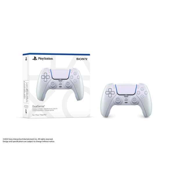 PlayStation 5 DualSense wireless controller in white, compatible with PS5 gaming console.
