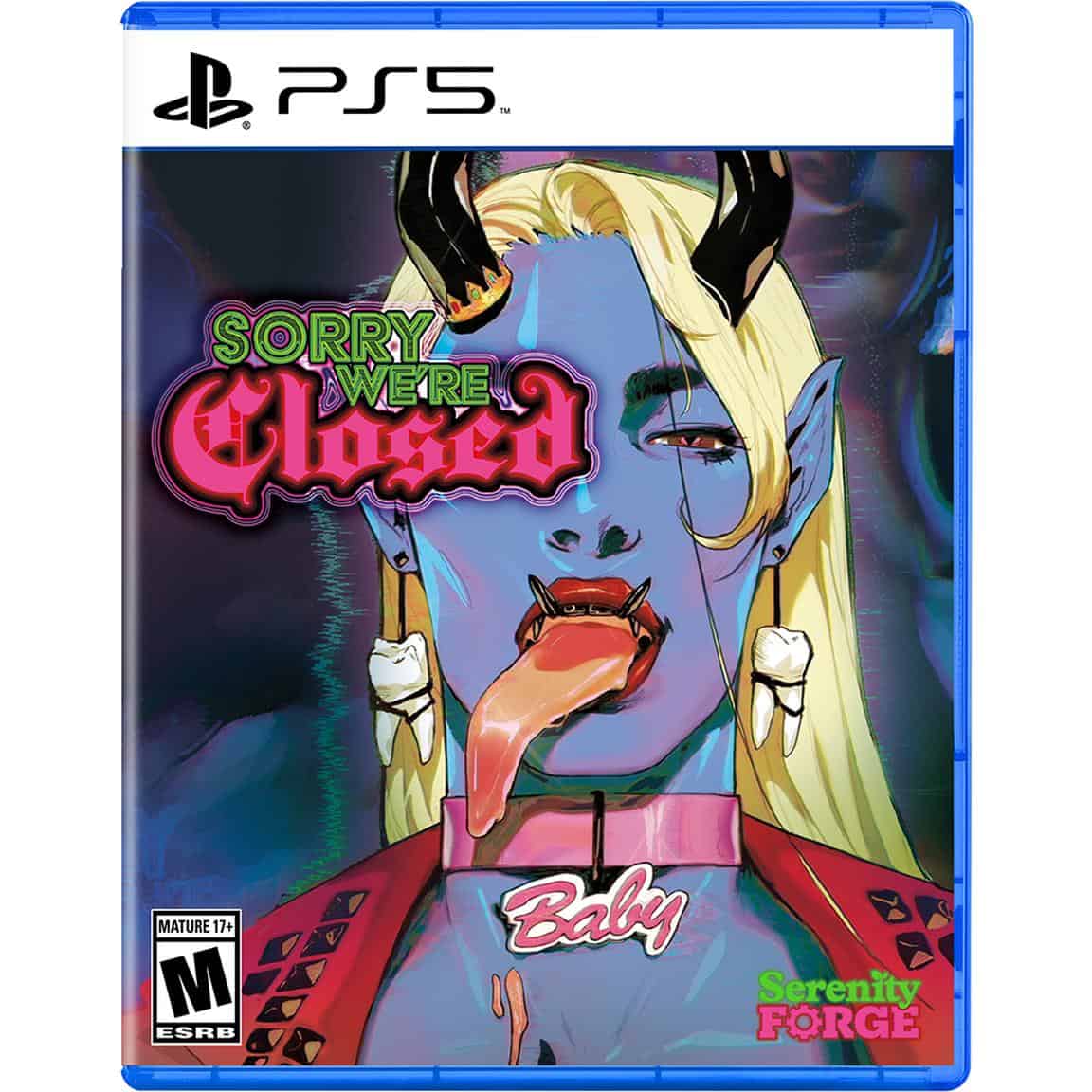 Sorry We're Closed game cover for PS5, featuring a stylized vampire girl illustration.