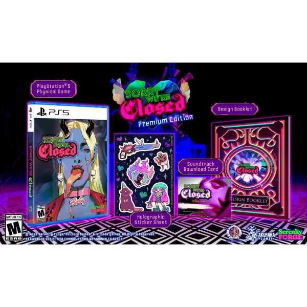 Sorry We're Closed Premium Edition game package with accessories and design booklet.