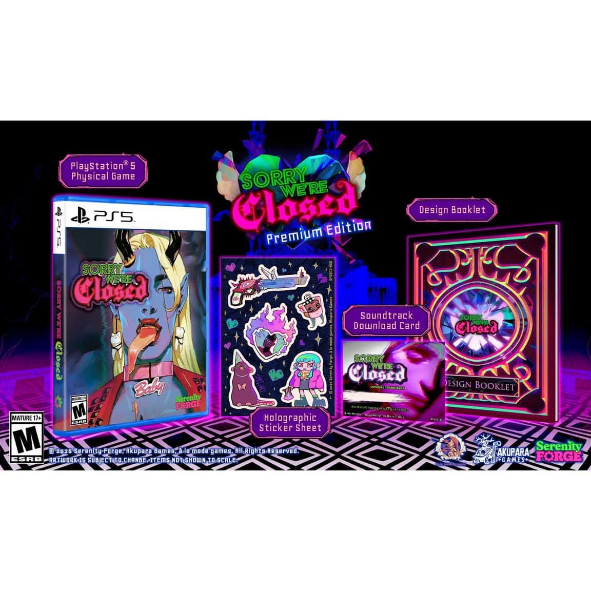 Sorry We're Closed Premium Edition game package with accessories and design booklet.