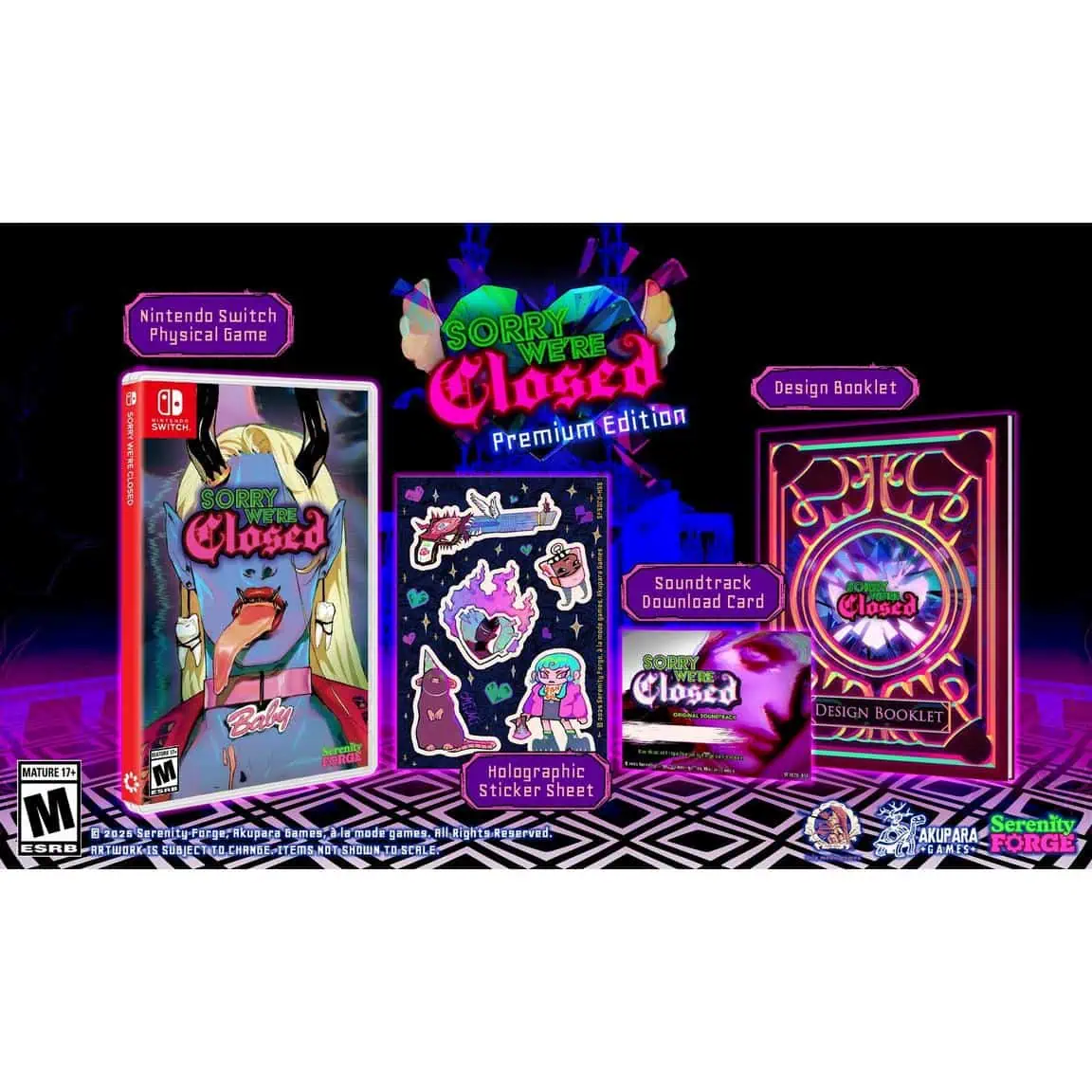 Sorry We're Closed Premium Edition game package with accessories and soundtrack.