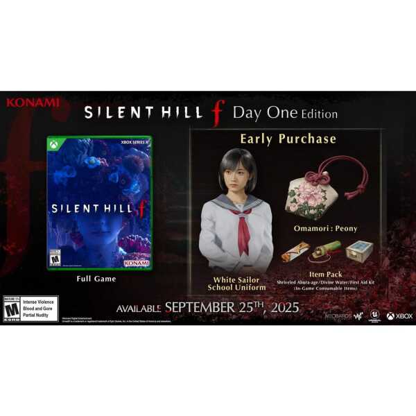 Silent Hill f game cover with early purchase bonus items and school uniform character.