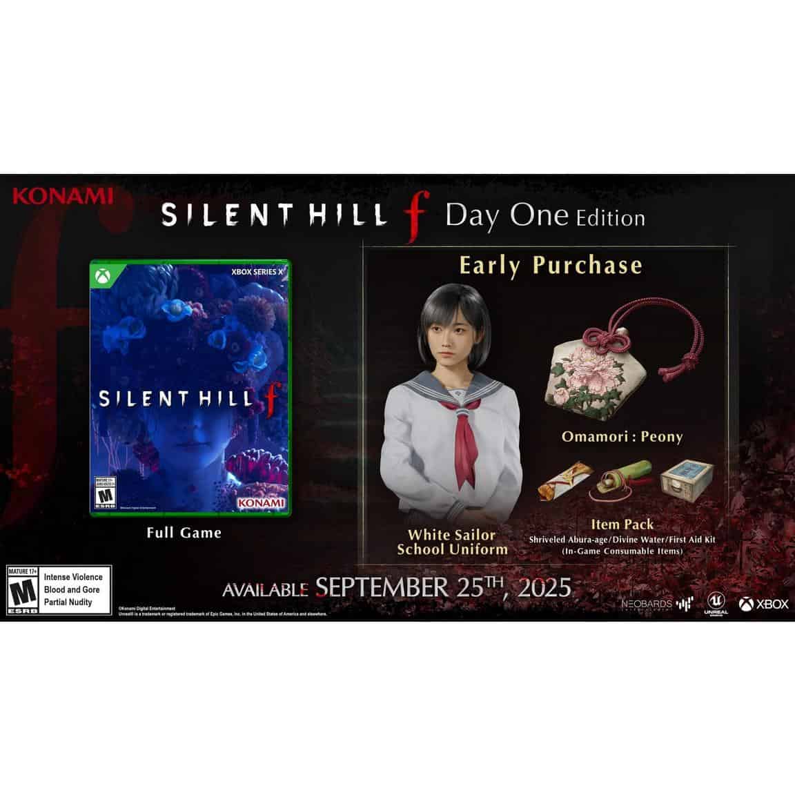 Silent Hill f game cover with early purchase bonus items and school uniform character.