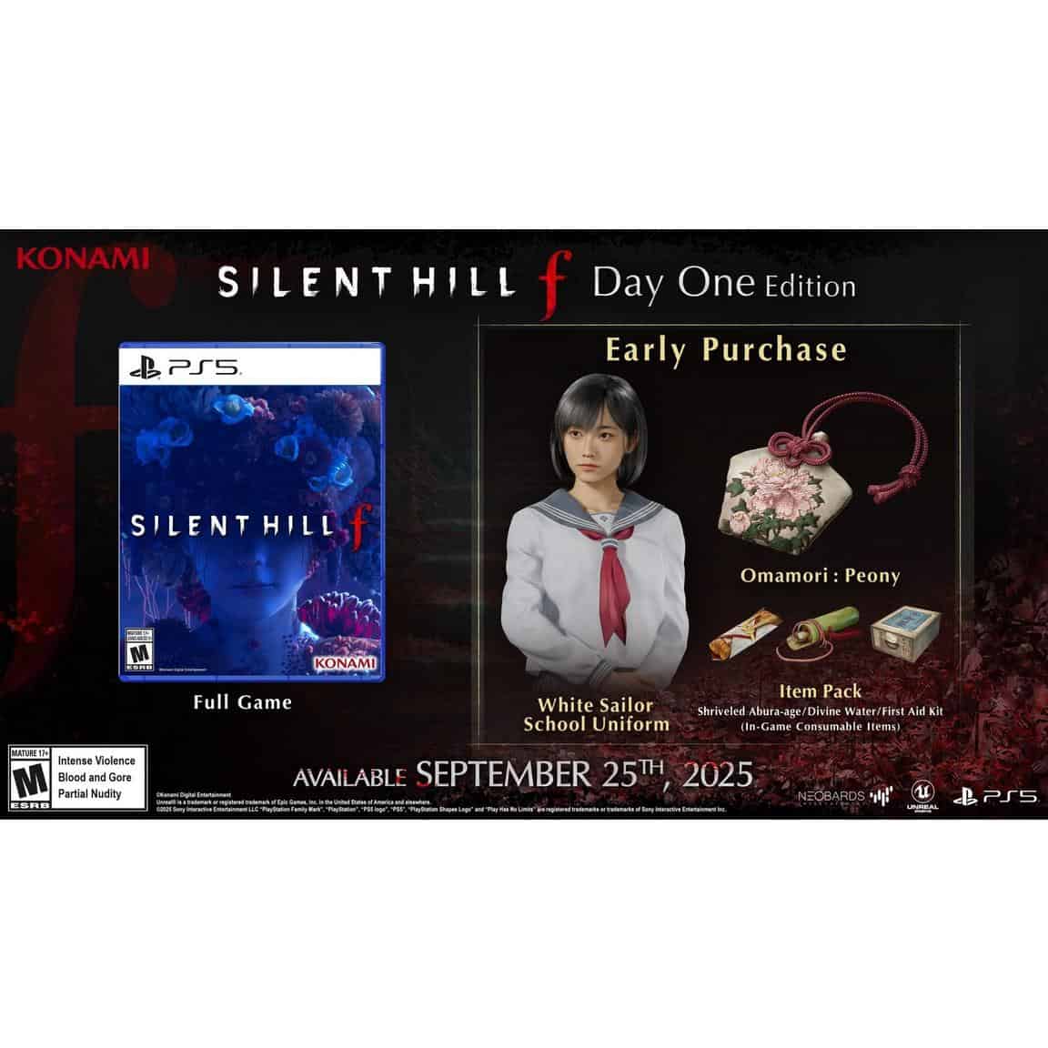 Silent Hill f game cover with girl in school uniform and early purchase items.