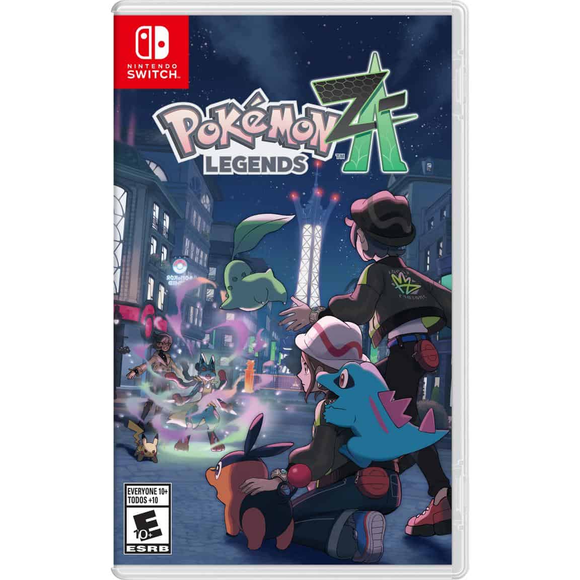 Pokemon Legends Z-A Nintendo Switch game cover with characters and Pokémon in a vibrant city scene.