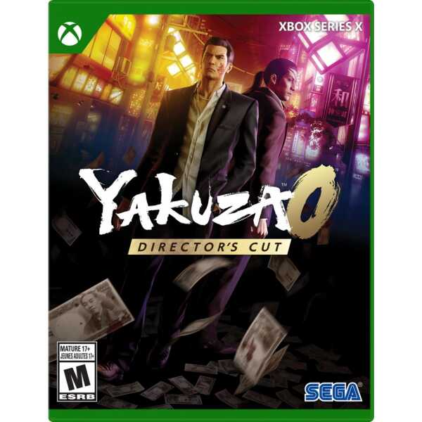 Yakuza 0 Director's Cut Xbox Series X cover art featuring main characters in a neon-lit cityscape.