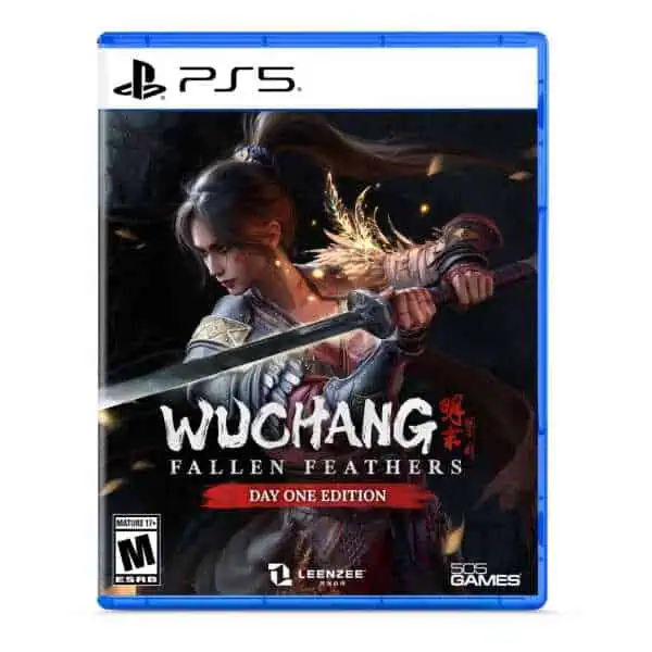 WUCHANG Fallen Feathers Day 1 Edition PS5 game cover with warrior character holding a sword.