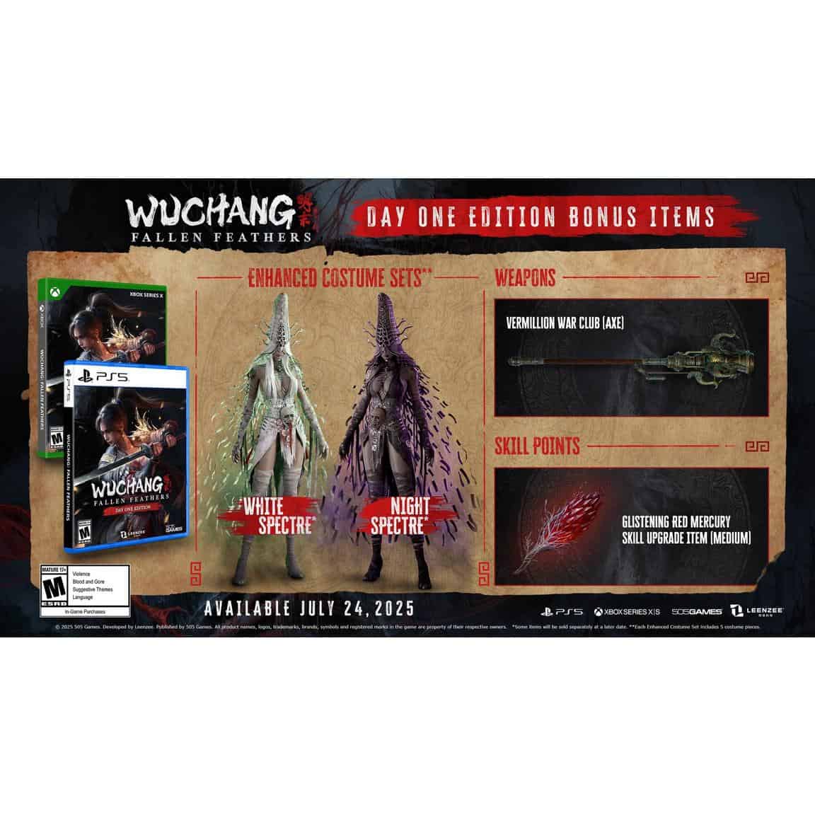 Enhanced costume sets and weapons for WUCHANG: Fallen Feathers Day 1 Edition game.