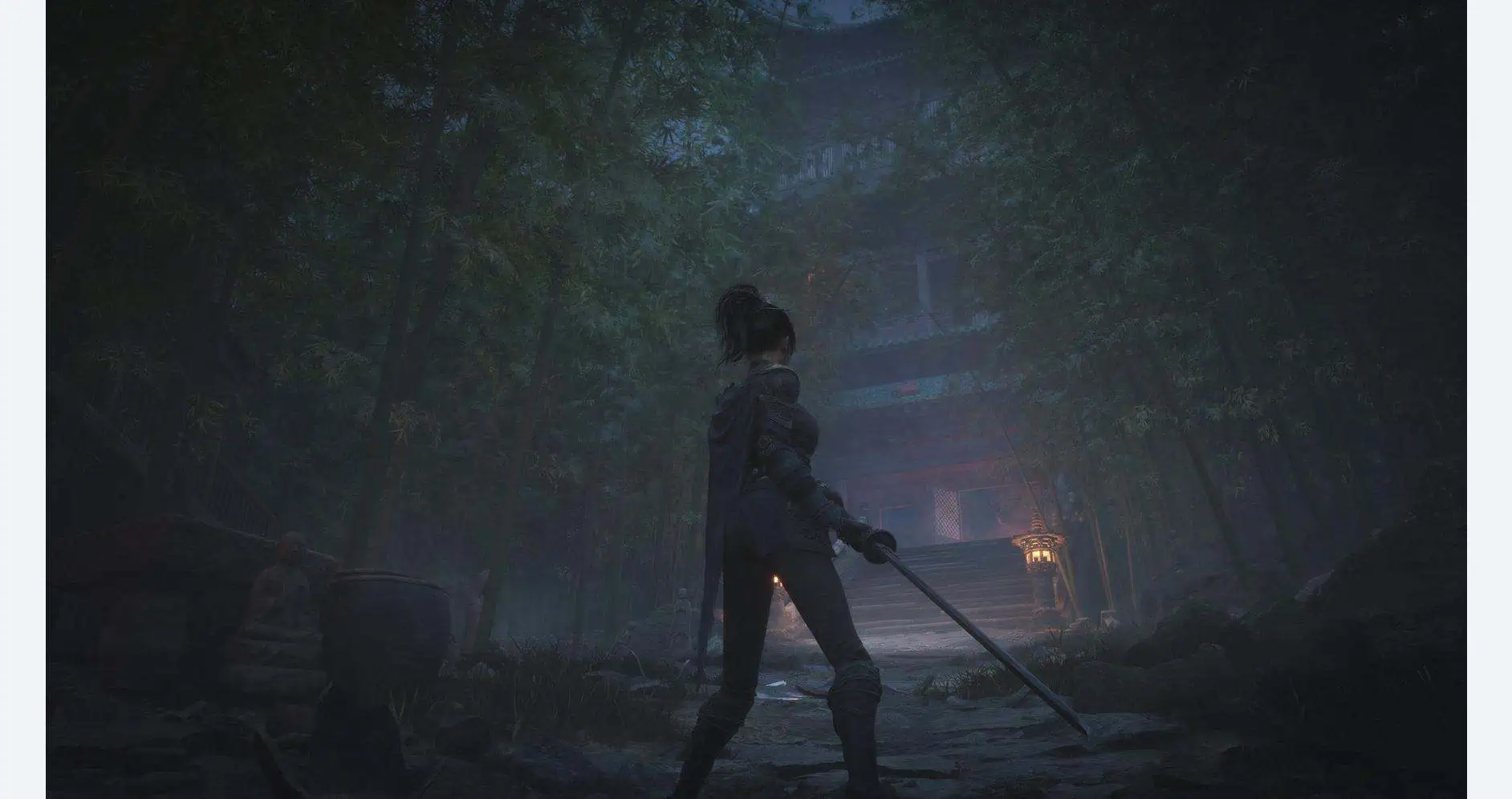 Mysterious female character in a dark, foggy forest scene from WUCHANG: Fallen Feathers.