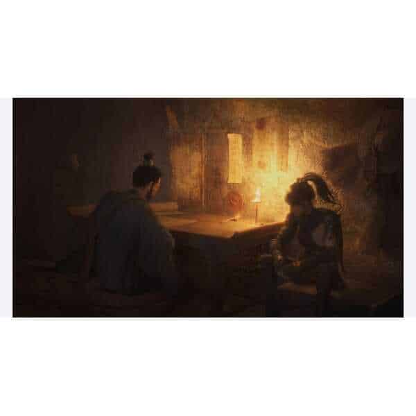 Two characters in a dimly lit, atmospheric setting from WUCHANG: Fallen Feathers.