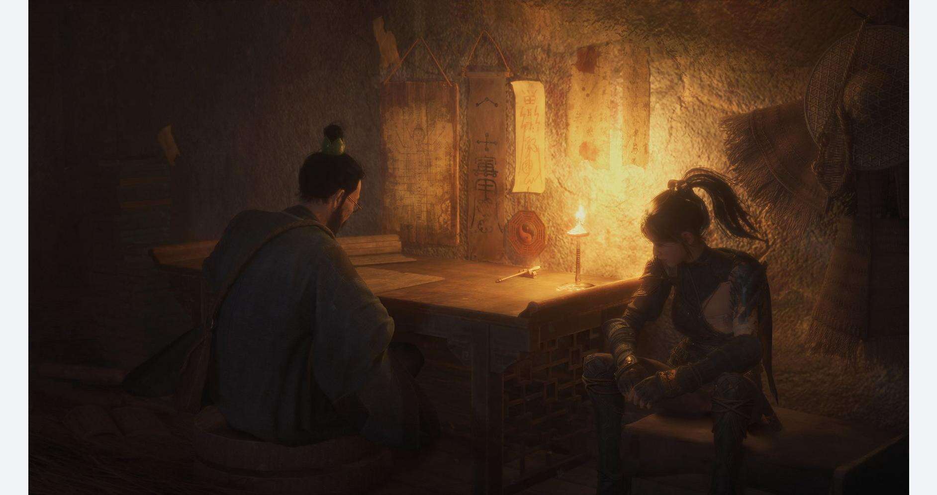 Two characters in a dimly lit, atmospheric setting from WUCHANG: Fallen Feathers.