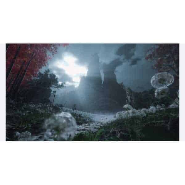 Ancient temple surrounded by nature, misty atmosphere, and dandelions in foreground, capturing a mys.