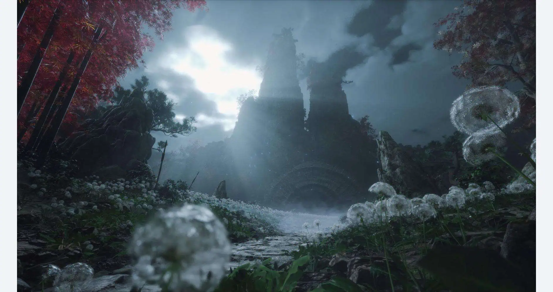 Ancient temple surrounded by nature, misty atmosphere, and dandelions in foreground, capturing a mys.
