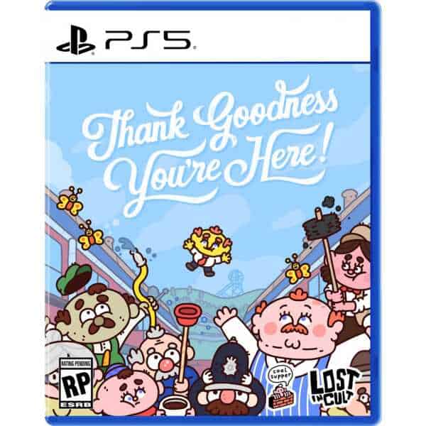 PlayStation 5 game cover for "Thank Goodness You're Here" with colorful cartoon characters.