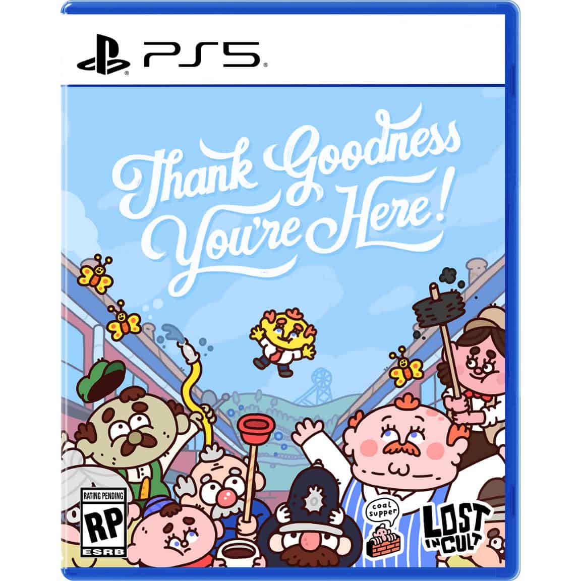 PlayStation 5 game cover for "Thank Goodness You're Here" with colorful cartoon characters.