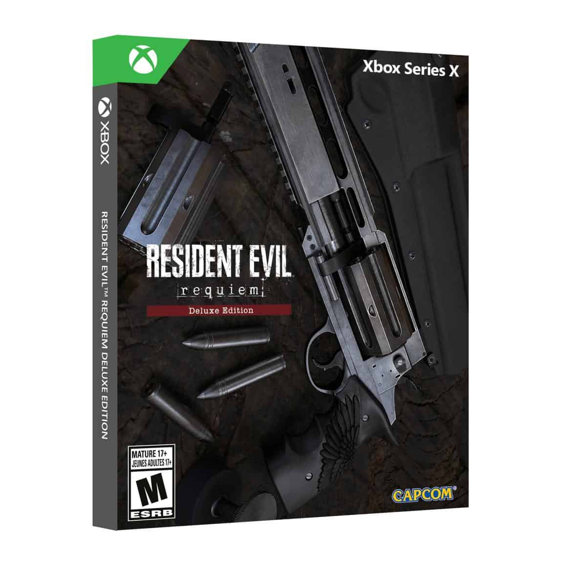 Resident Evil Requiem Steelbook Deluxe Edition Xbox Series X game case with weapon artwork.