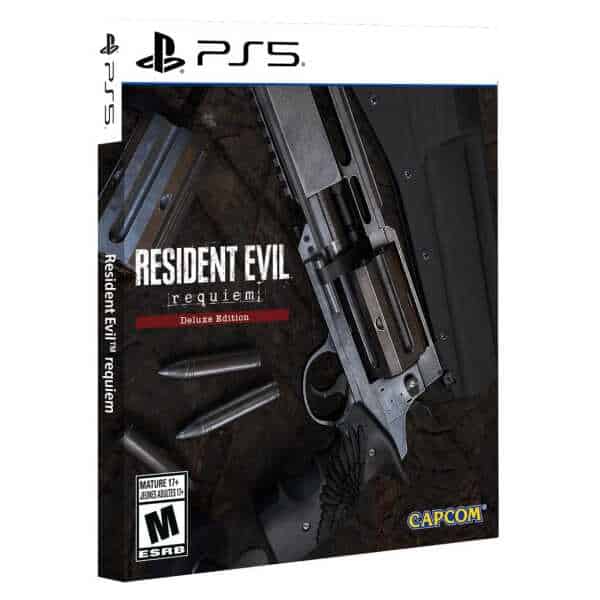 Resident Evil Requiem Steelbook Deluxe Edition for PS5 with gun and bullets on cover.