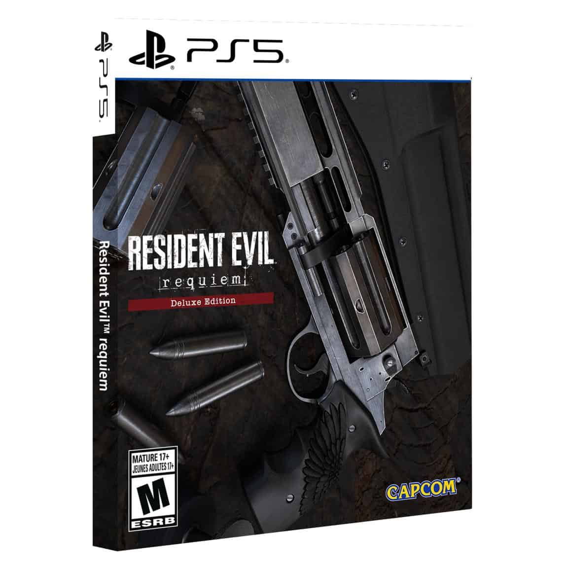 Resident Evil Requiem Steelbook Deluxe Edition for PS5 with gun and bullets on cover.